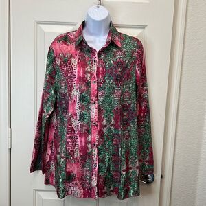 Misslook Blouse Size Medium Collar Button Front Long Sleeve Slimming Pink Green